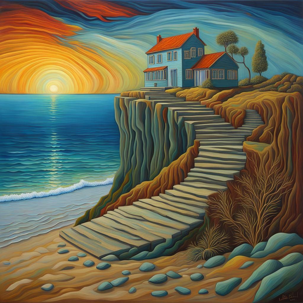 Surreal acrylic lone beachcomber on shore cliff bauhaus Emil...