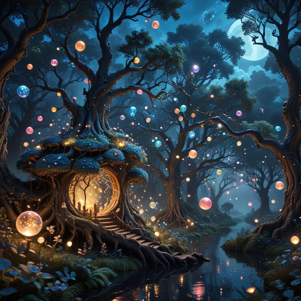 Whimsical Nighttime Library in a Hollow Tree