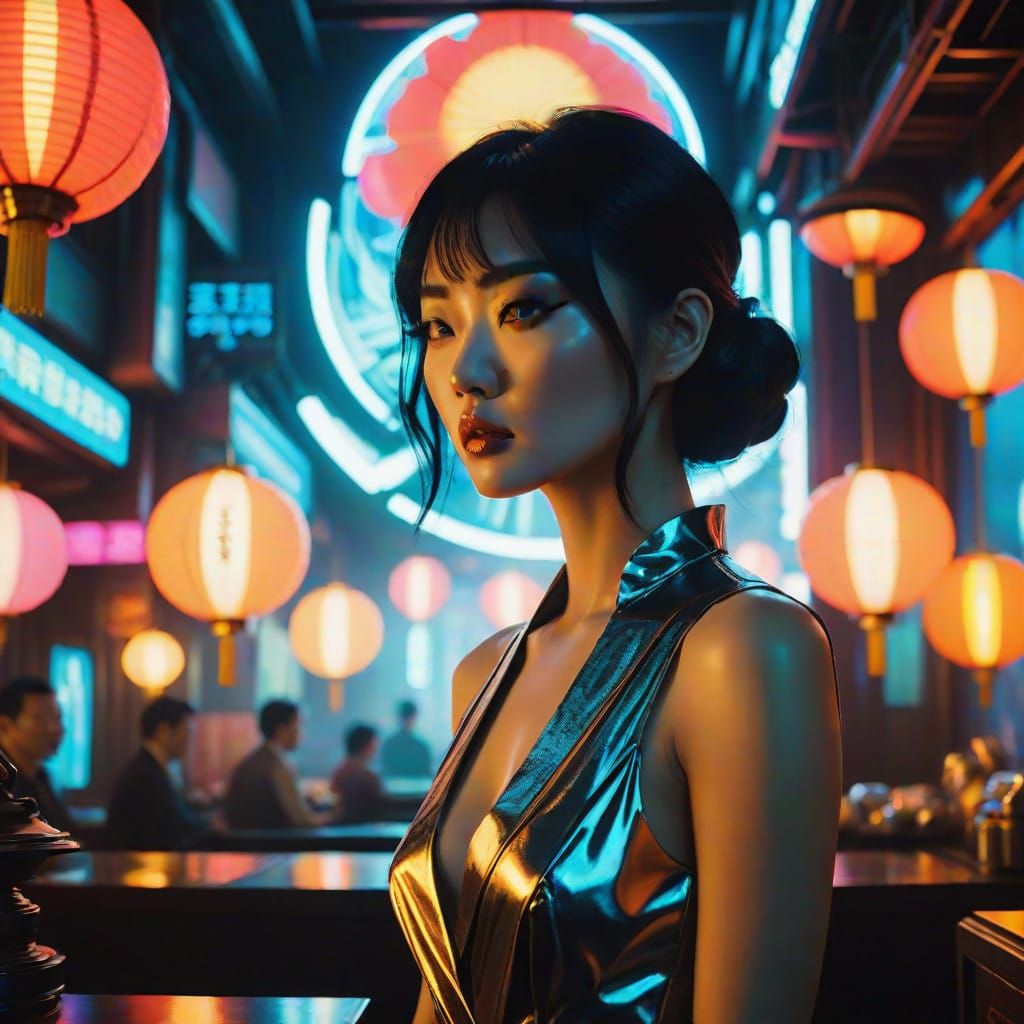 Cinematic Asian Woman in Neon Futuristic Lair