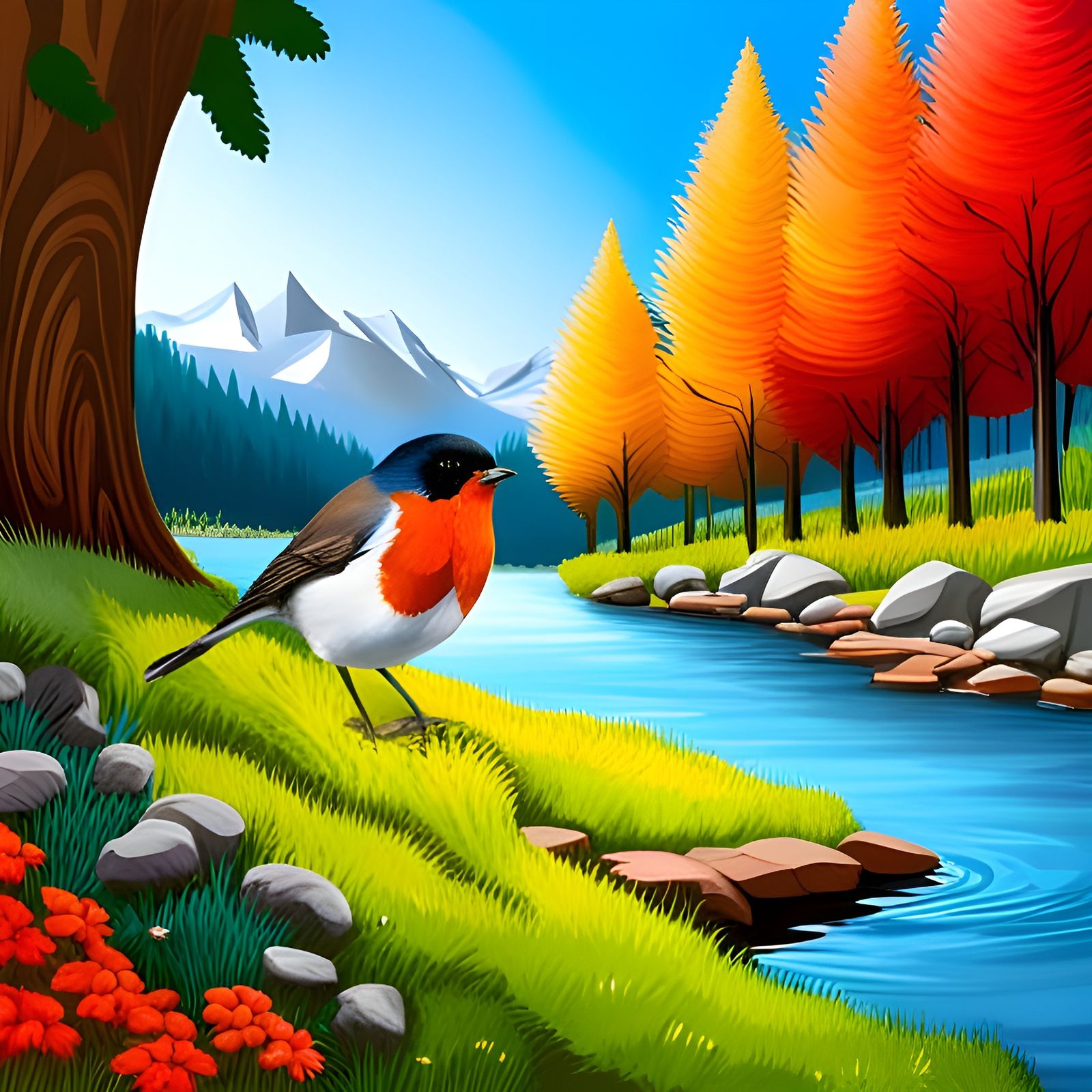 Four Seasons Landscape with Robin