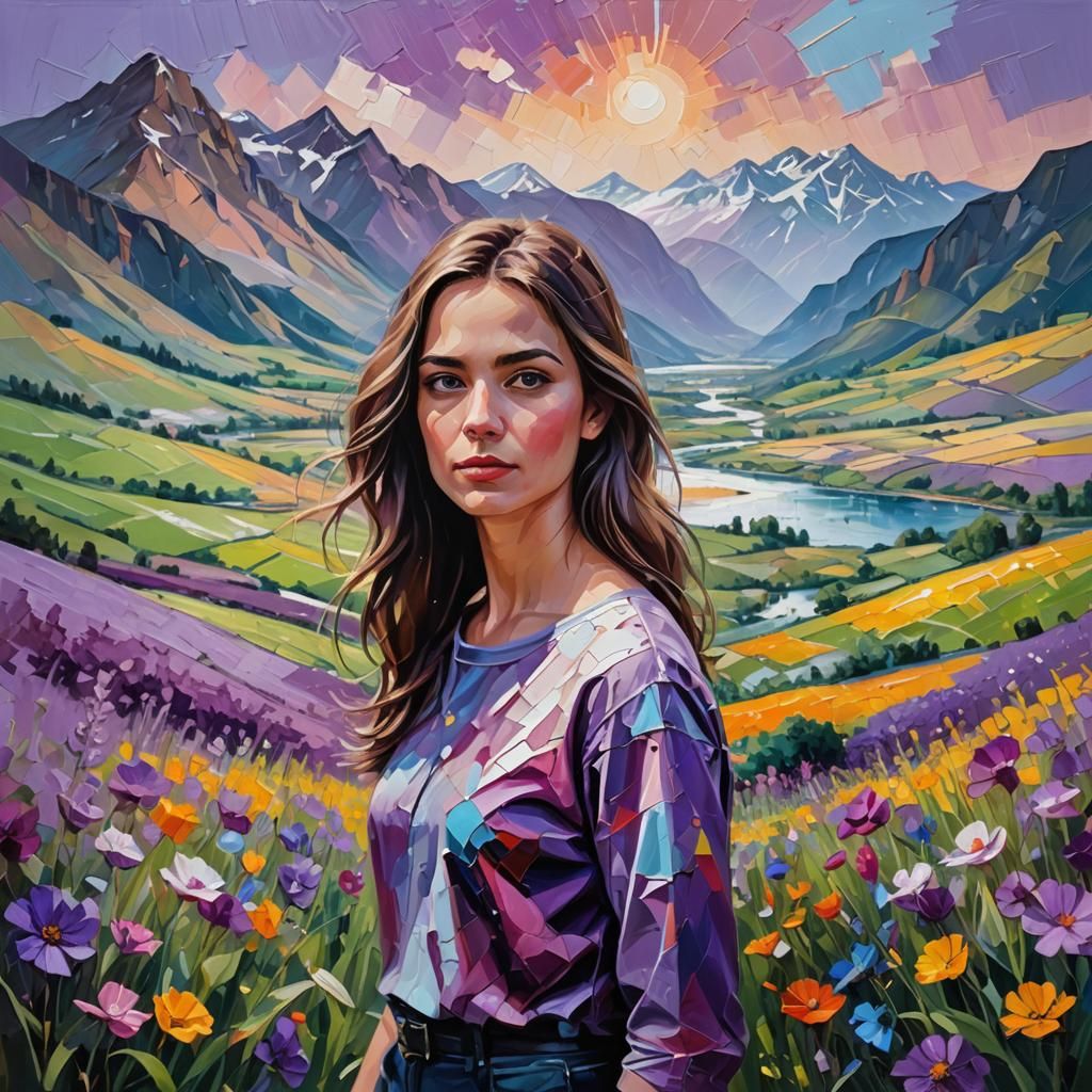 Abstract Oil Painting: Woman in Landscape with Palette Knife