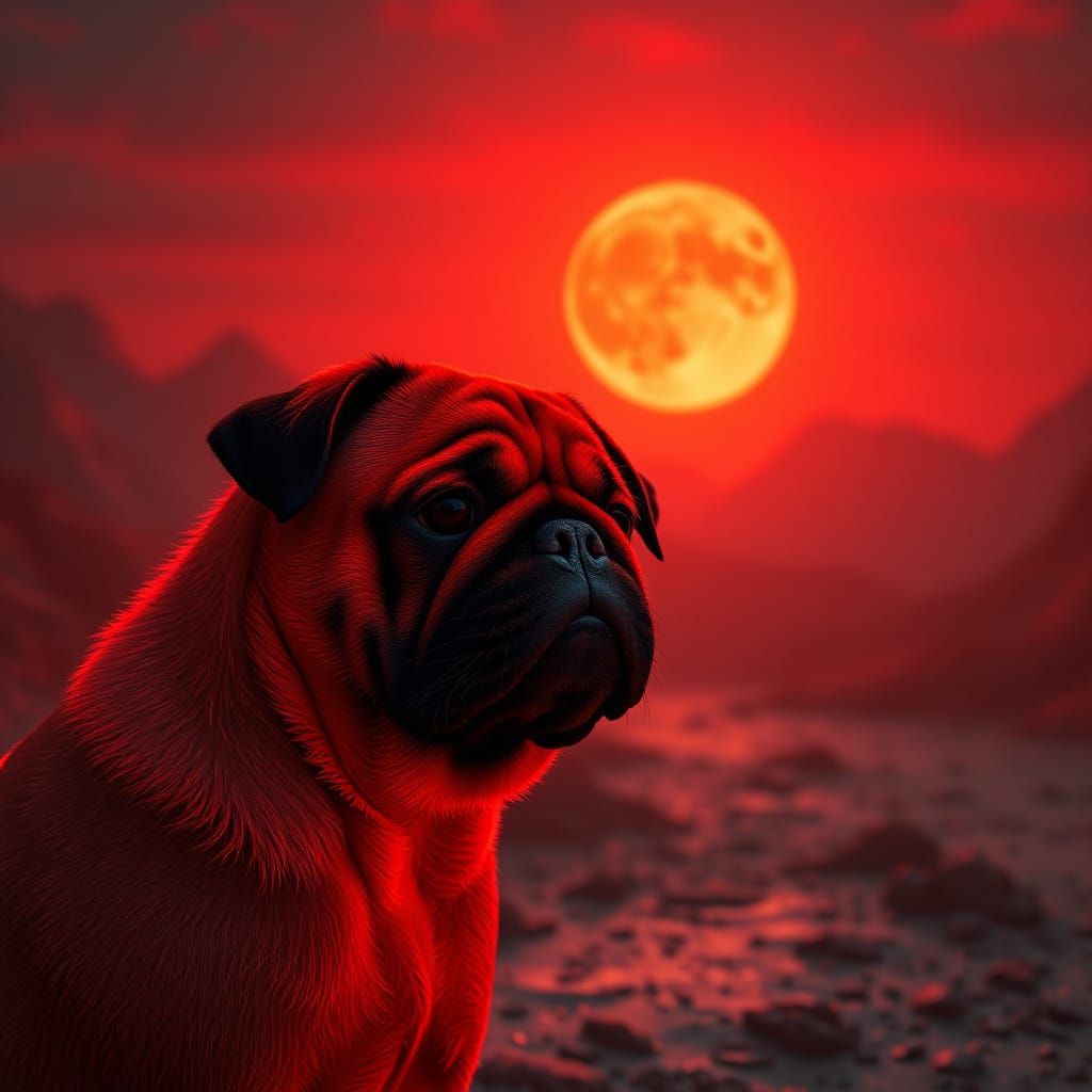 Fiery Red Pug in Red Landscape: Detailed Matte Painting