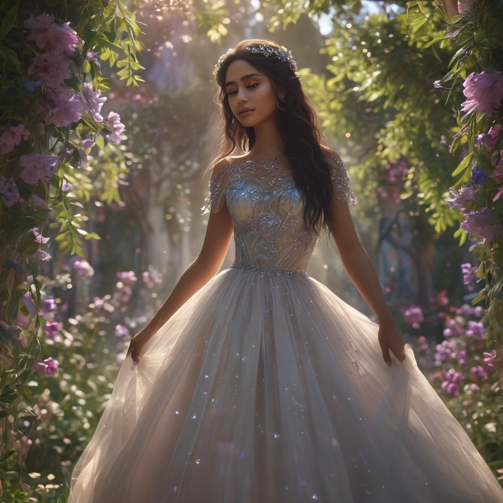 A beautiful Latino woman wearing a tulle gown in a heavenly ...