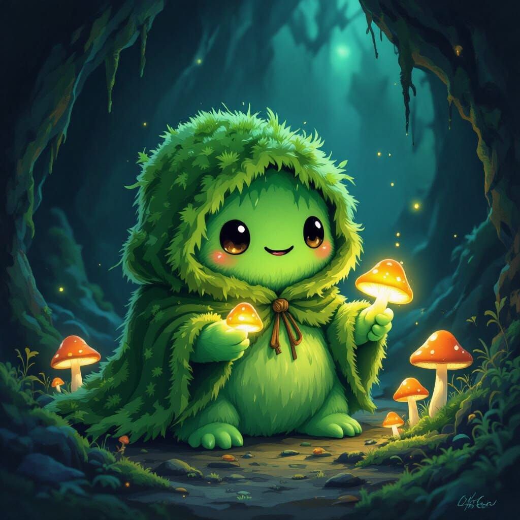Cute Slime Monster in Mystical Cave, Whimsical Art