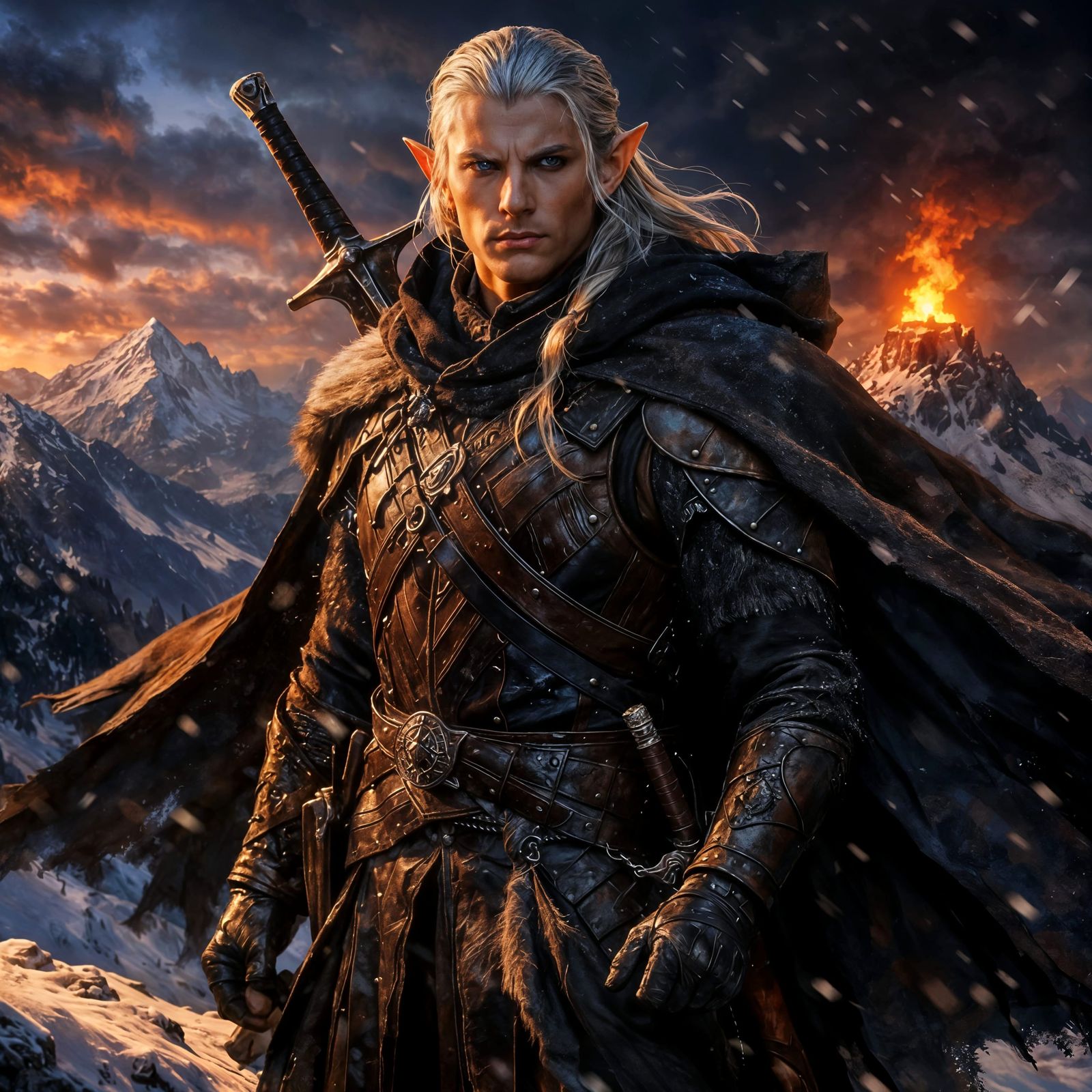 Elf Warden on Snowy Mountain with Beacon Fire