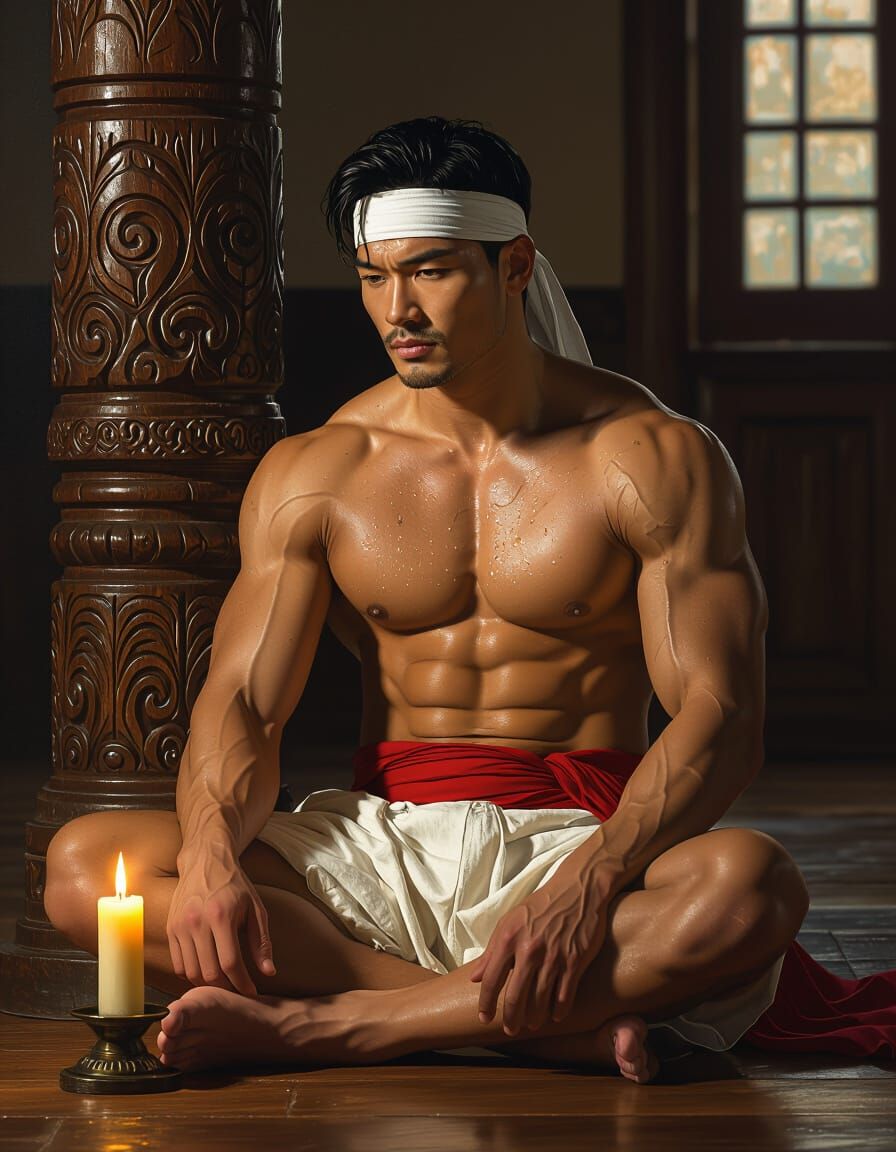 Muscular Man in Candlelight, Inspired by Caravaggio