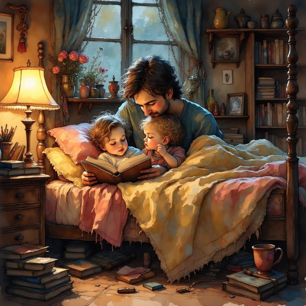 Bedtime Story: A Painterly Scene of Love and Comfort