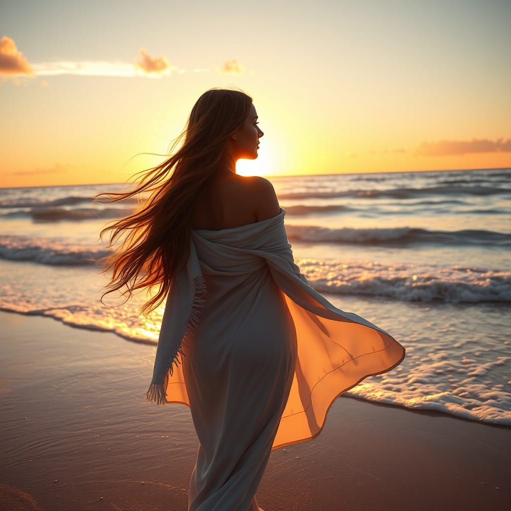 Serene Beach Goddess in Golden Sunset Glow