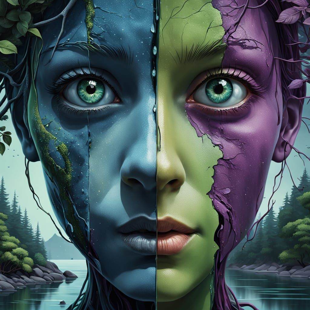 Surreal Face: Landscape and Deep Sea Split