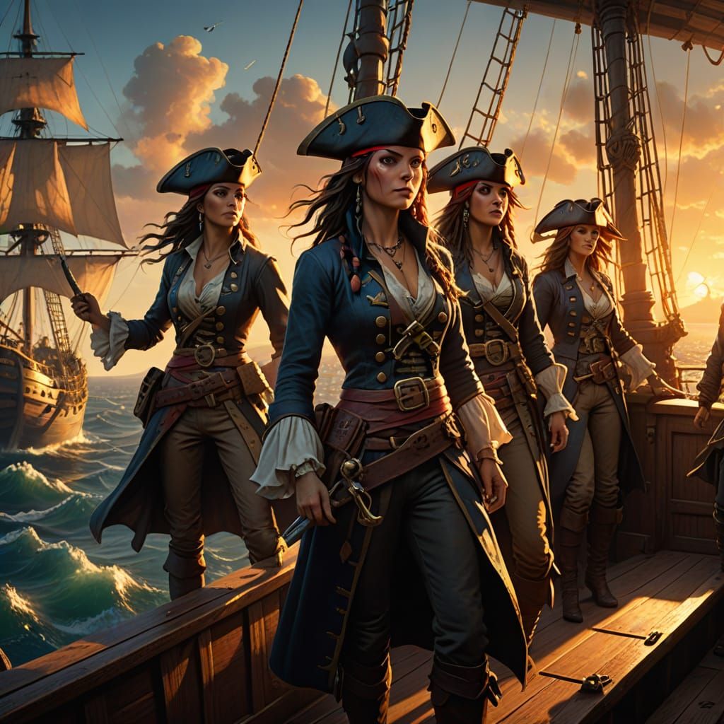 Pirate Women in Golden Hour, Concept Art Masterpiece