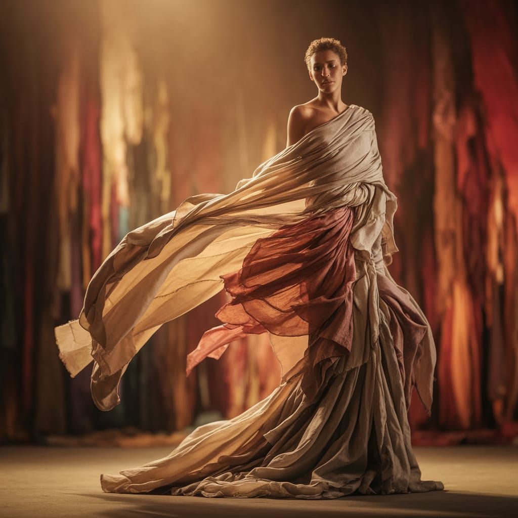 Figure Wrapped in Vibrant Fabrics, Dynamic Movement in a Sun...