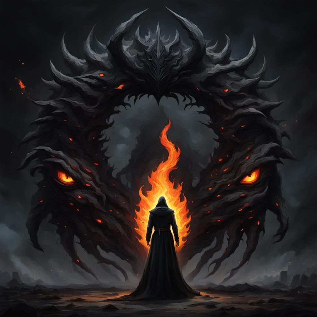 Figure with Eyes of Fire Points at Viewer