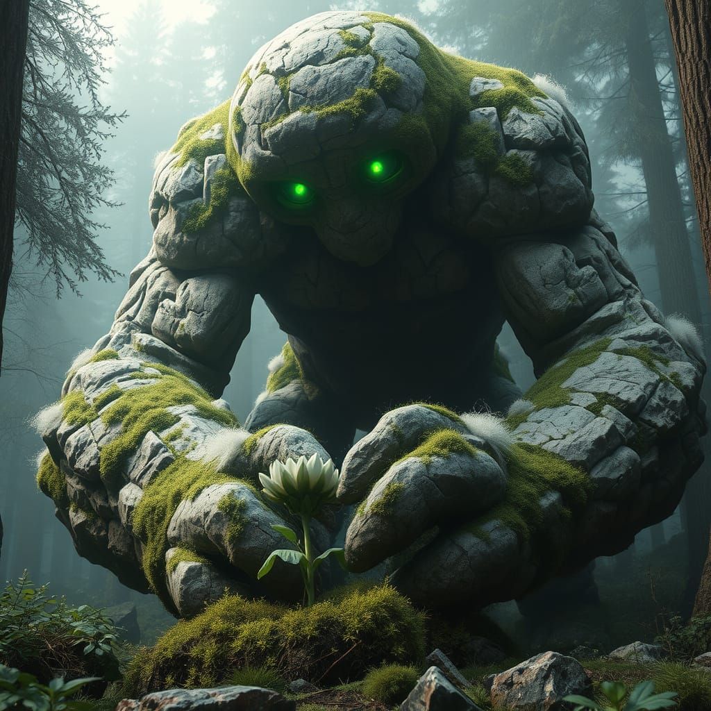 Moss Golem Planting Flower in Misty Forest