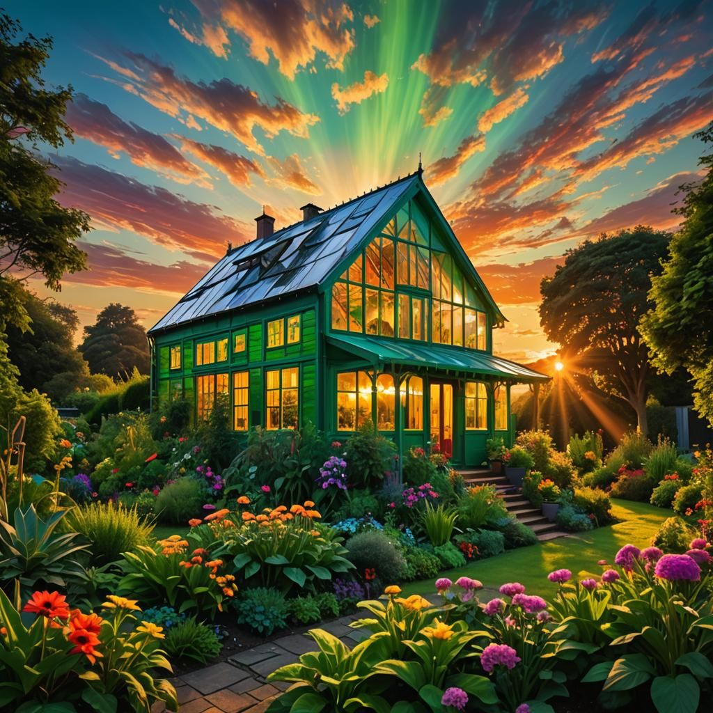 Psychedelic Multicolored Greenhouse at Sunset