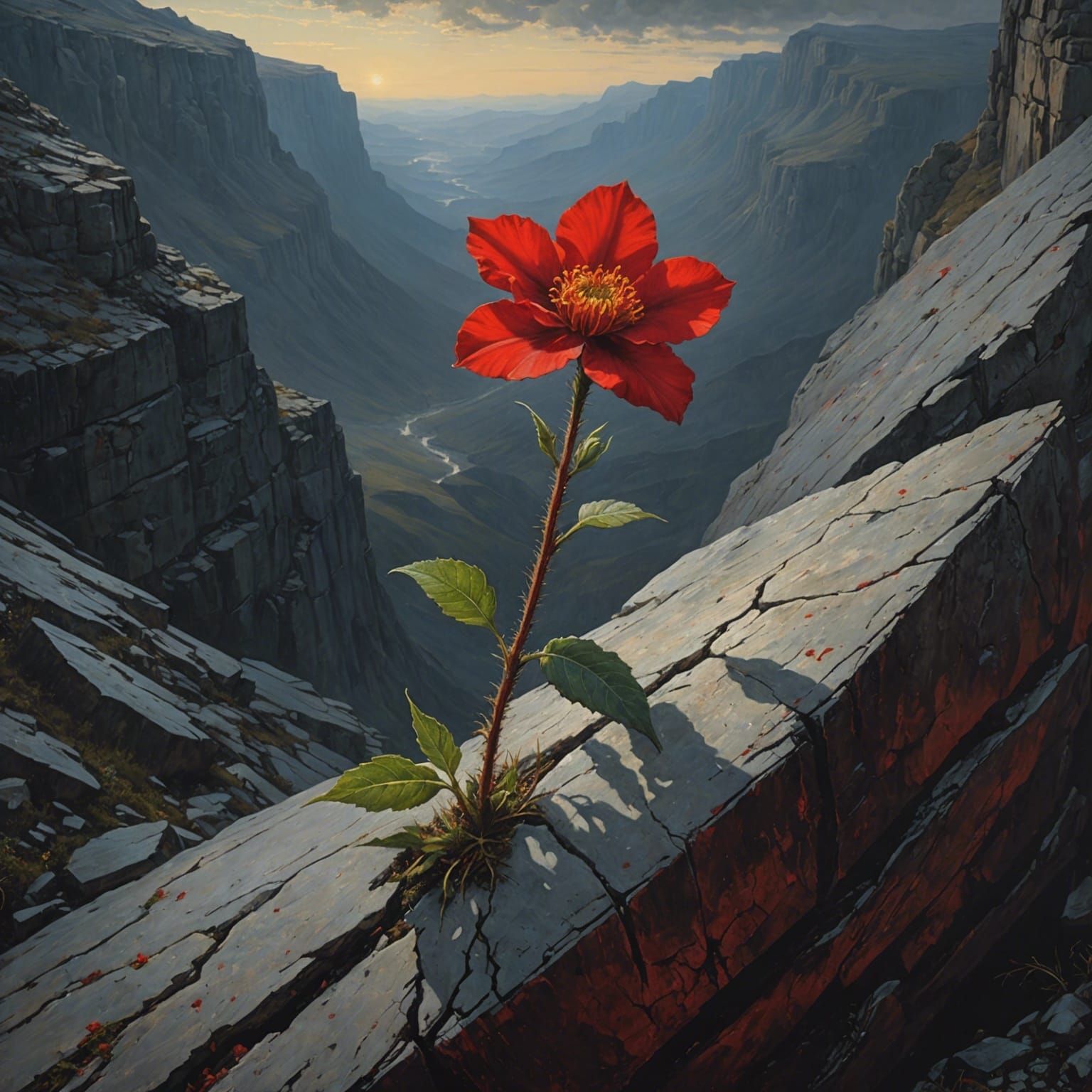Red Flower on Barren Mountain, Romantic Oil Painting