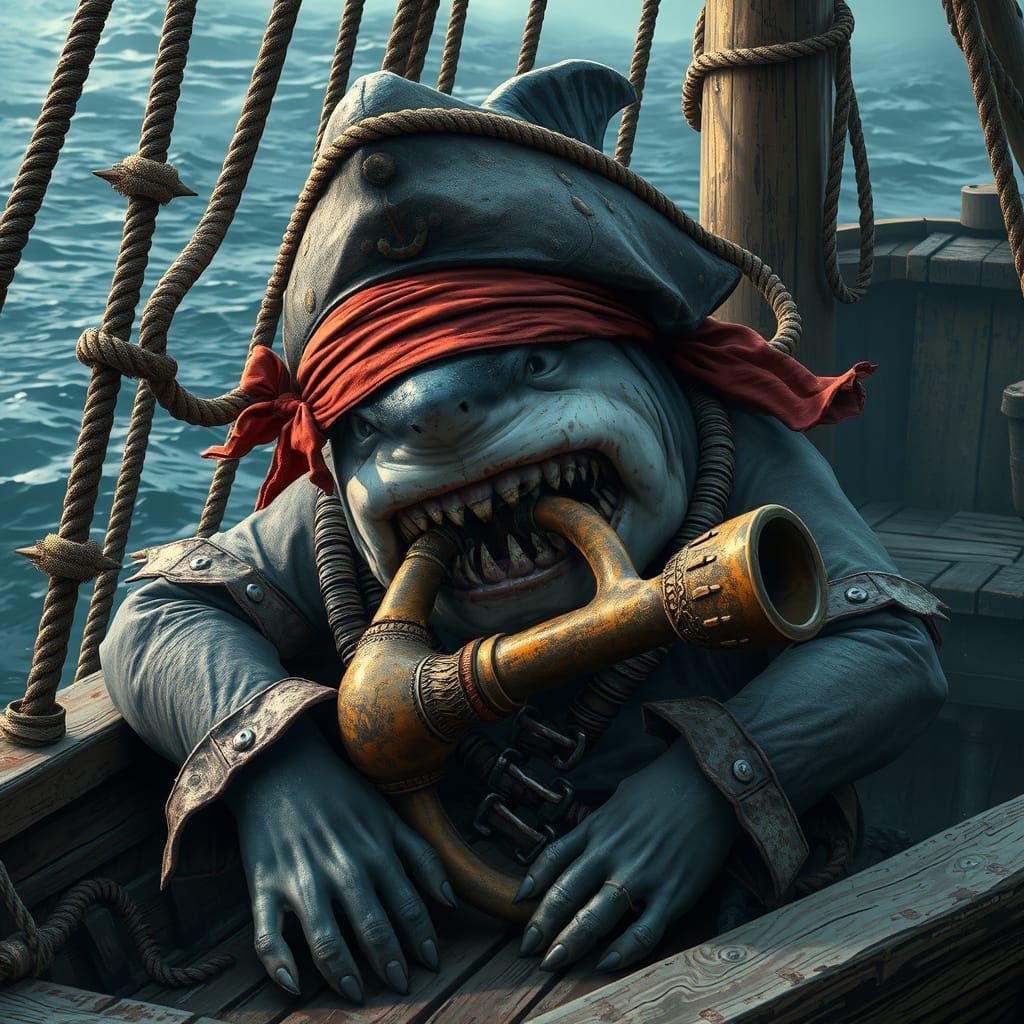 Pirate Shark on Deck in Digital Art Style