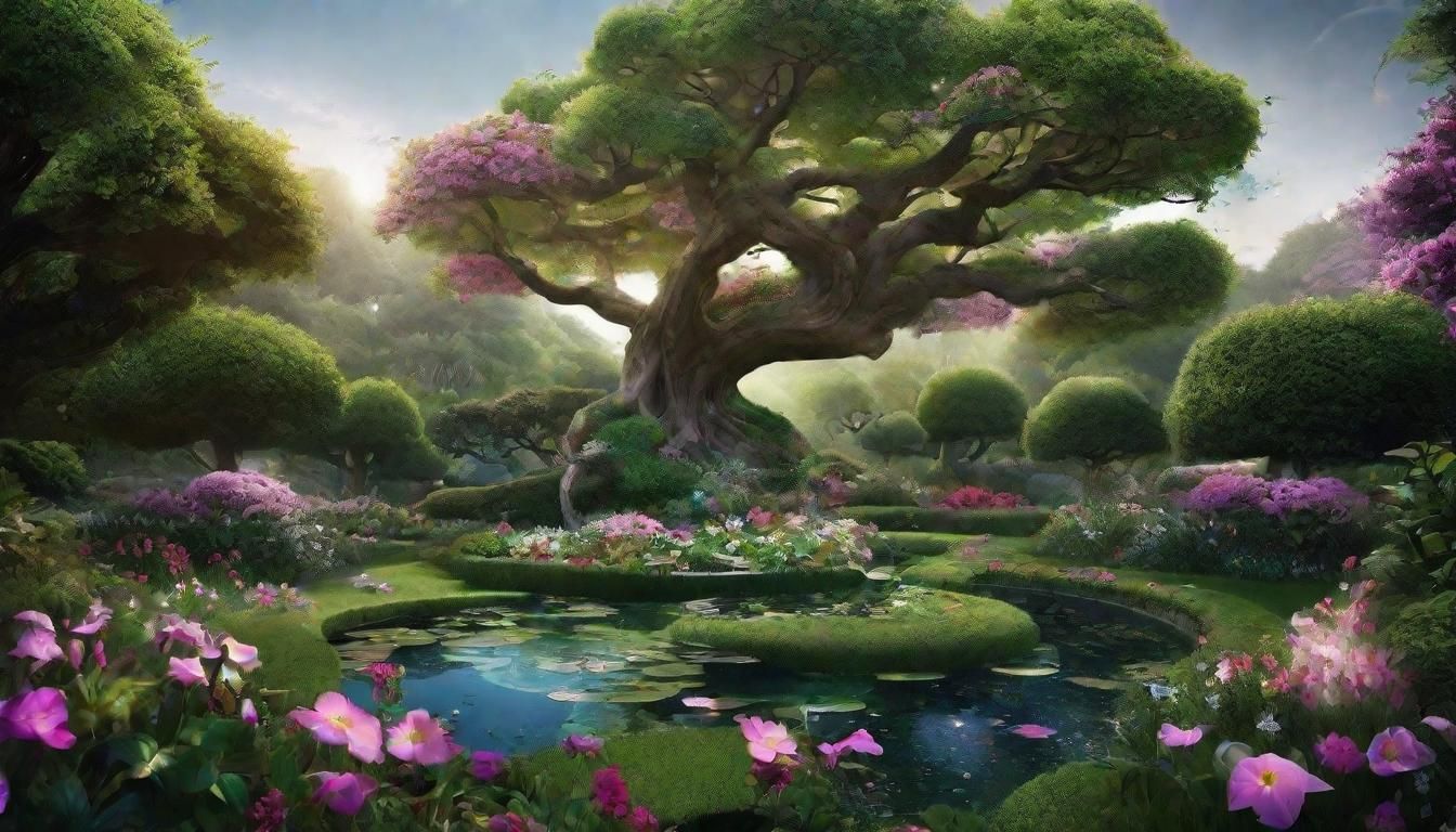 Enchanted Garden with Magical Flowers and Celestial Light
