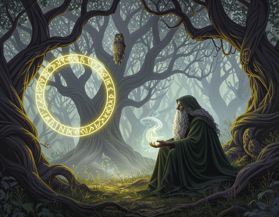 Mystical Druid in Hidden Grove with Ethereal Glow