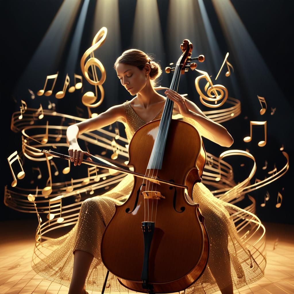 Cello Woman Made of Music Notes: 3D Render