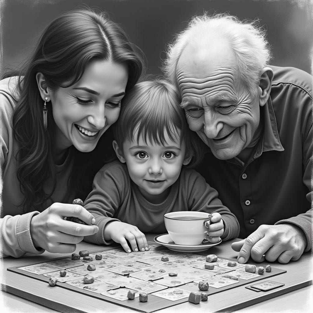 Joyful Gathering Around a Board Game in a Hyperdetailed Char...