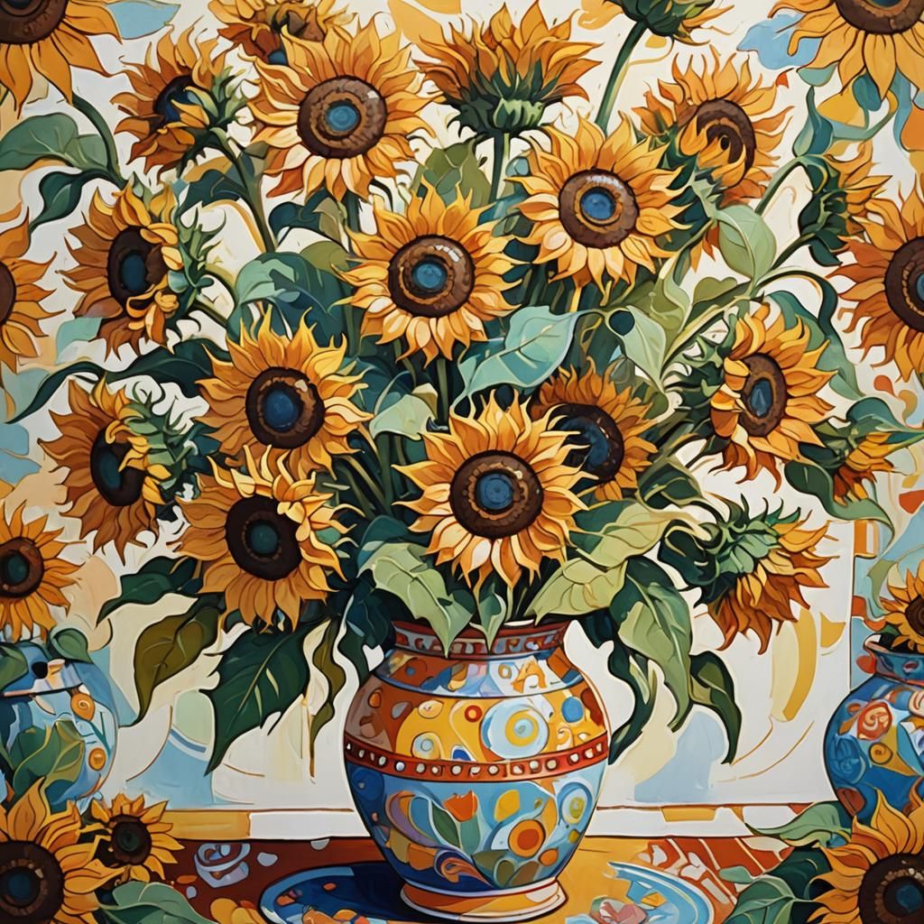 Sunflowers in Funky Vase Gouache Painting