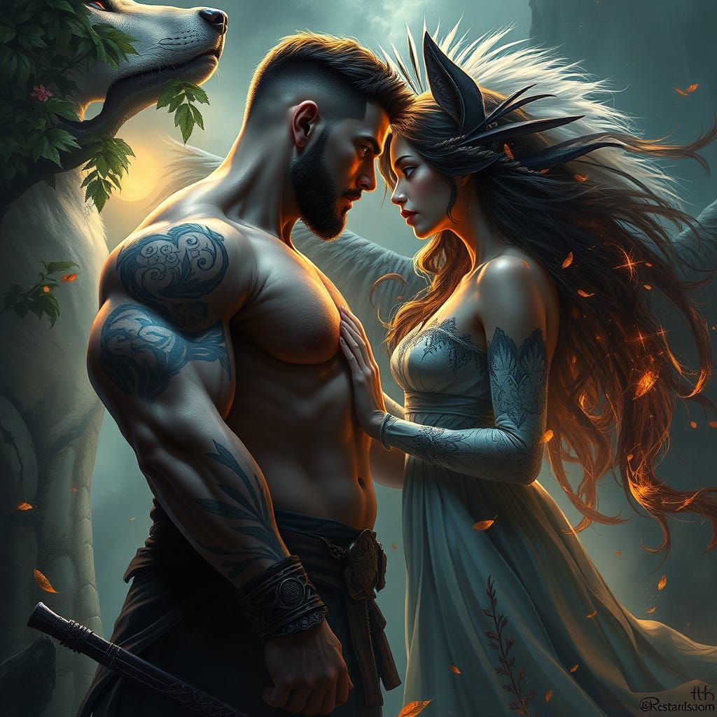 Heroic Romance in Fantasy Landscape with Wolf
