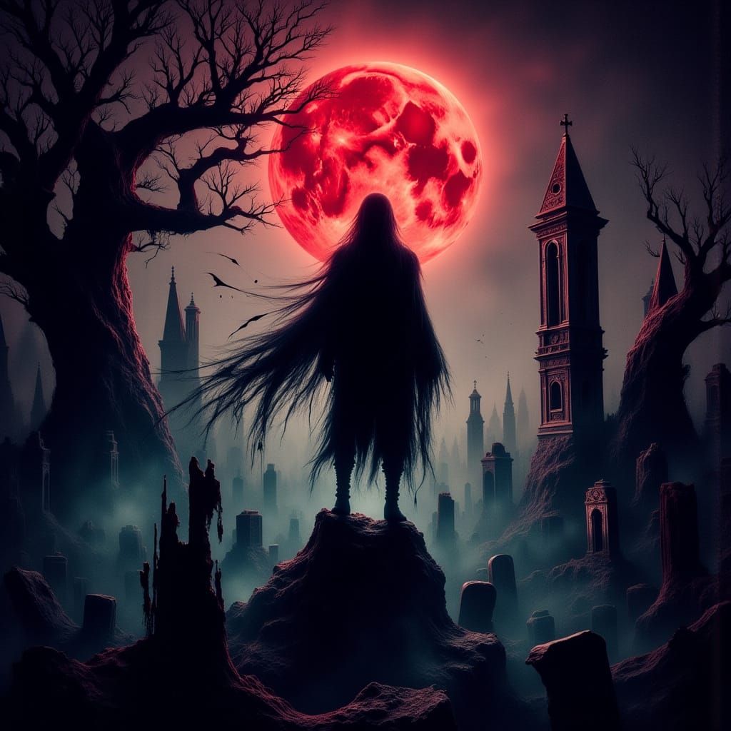 Gothic Silhouette Under Blood Moon in Macabre Style