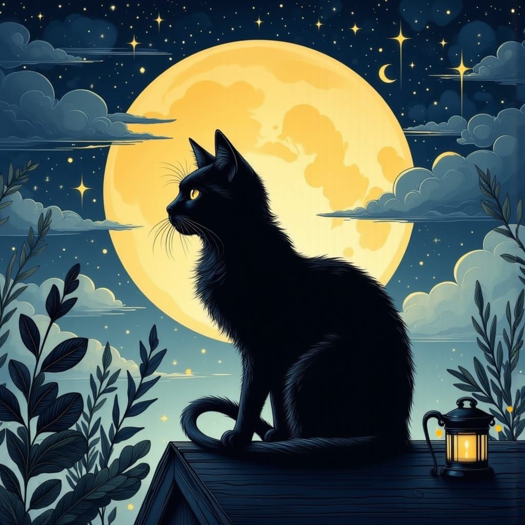 Black Cat Silhouetted Against Full Moon Neo-Traditional Tatt...