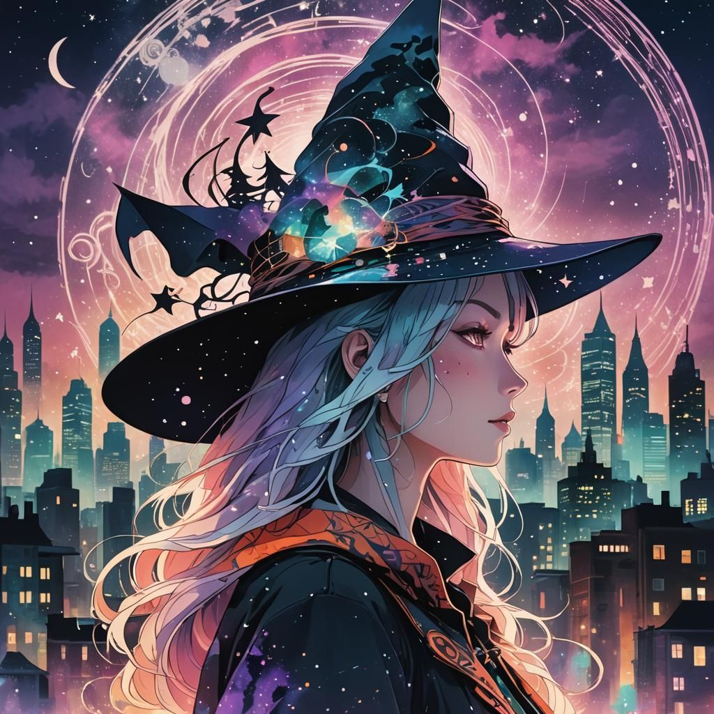 Anime Witch in Cityscape Double Exposure