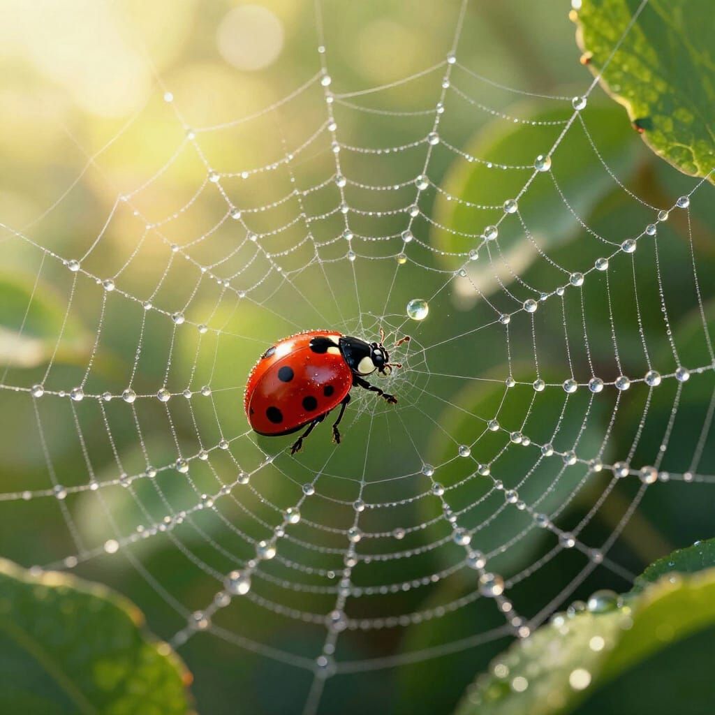 Ladybug's Epic Quest Across Dew-Kissed Spiderweb