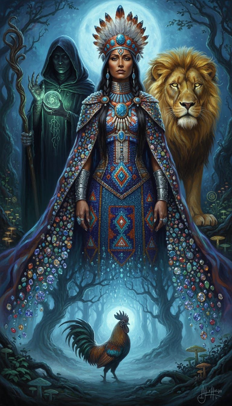 Fantasy Art: Native Woman, Lion, Witch in Moonlit Forest