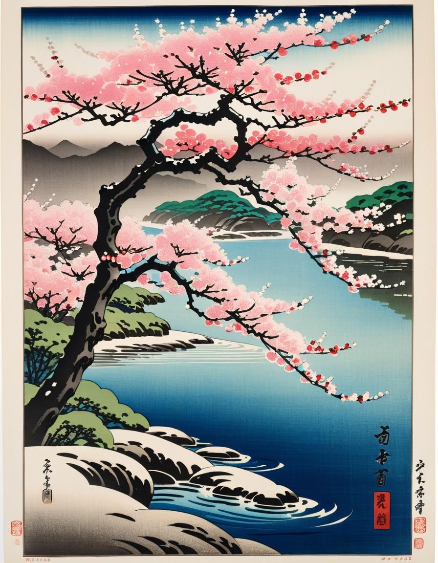 Shin-Hanga Print of Blooming Sakura Tree