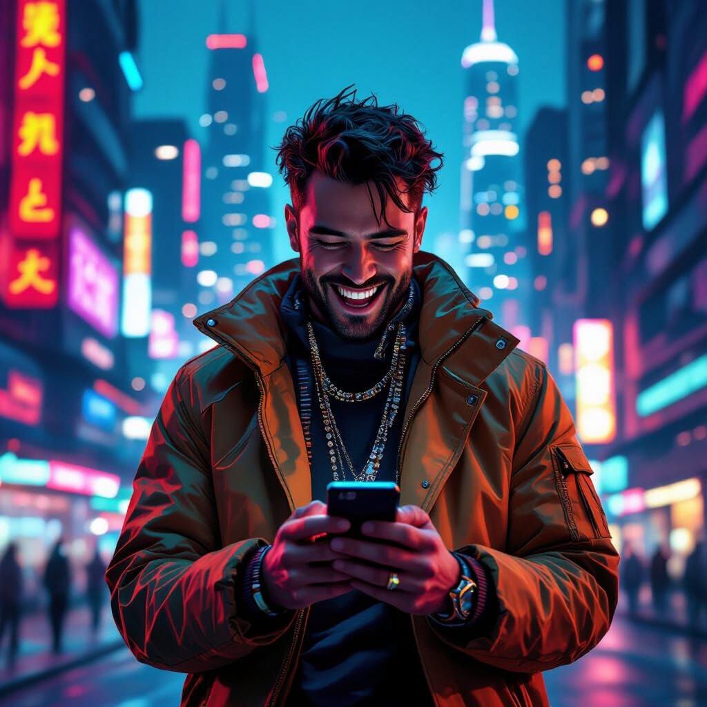 Trendy Guy Laughing in Futuristic Cityscape