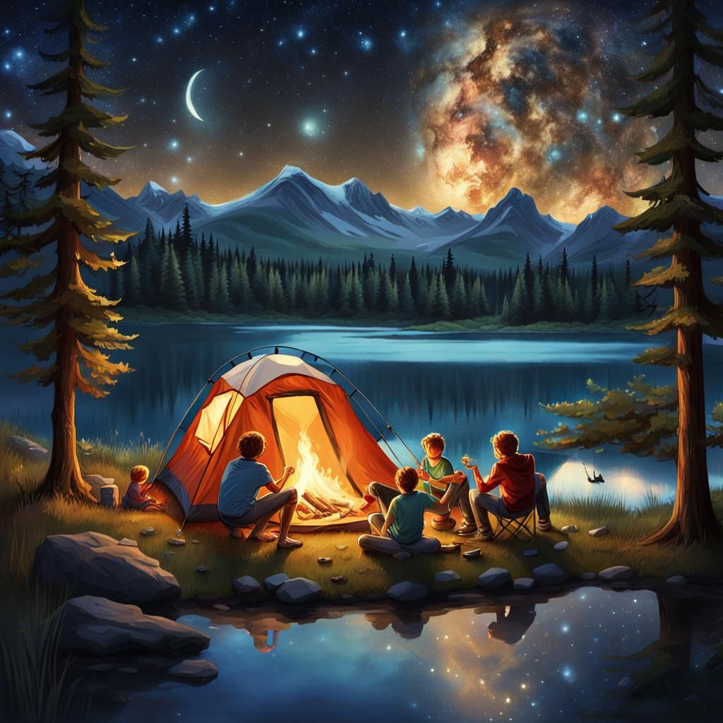 Family Camping Under Starry Night Sky