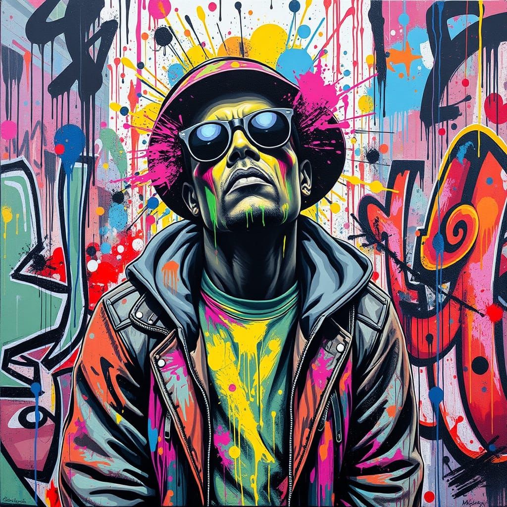 Dynamic Street Artist Surrounded by Colorful Graffiti Art