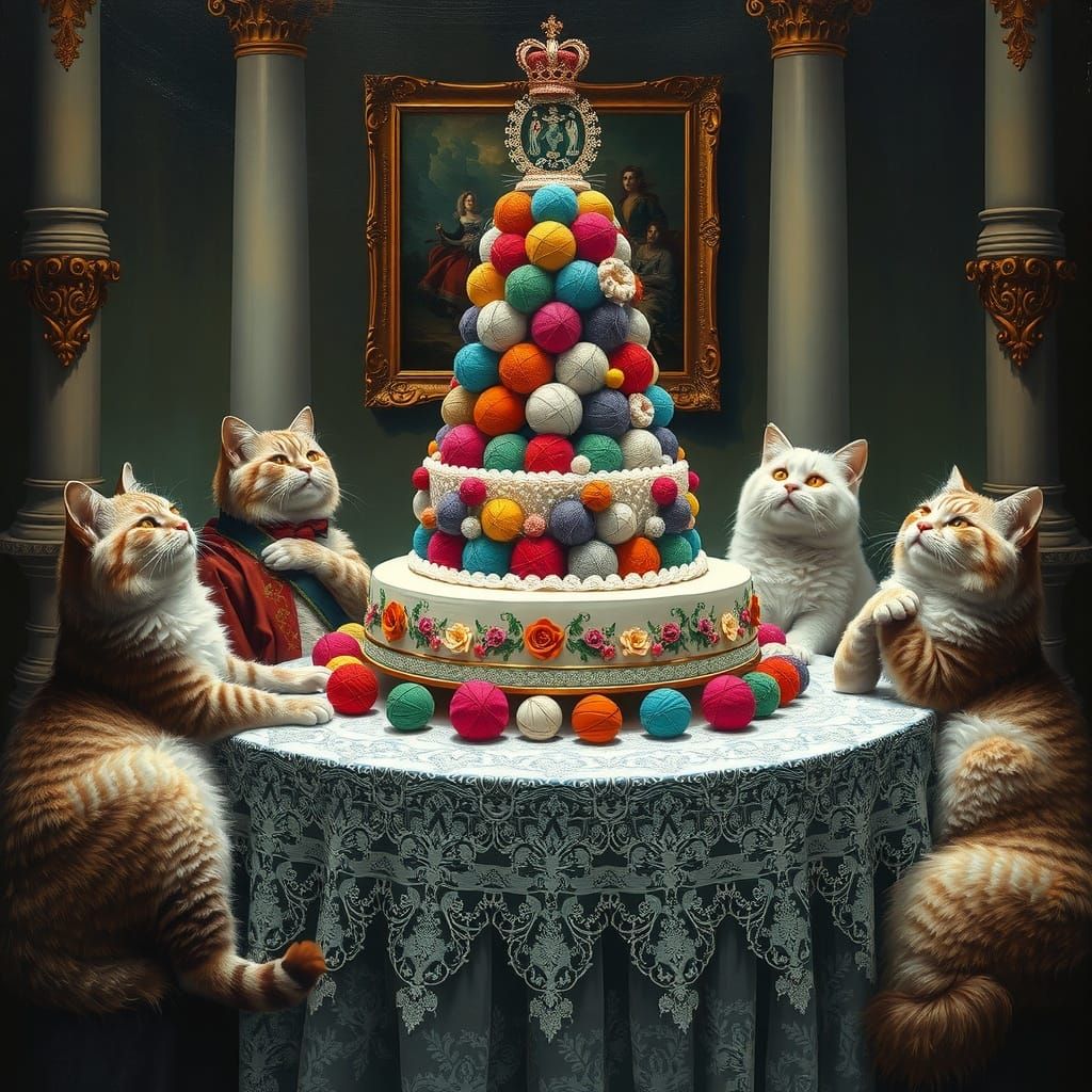 Wool Ball Wedding Cake with Cats, Hyperrealistic Surrealism