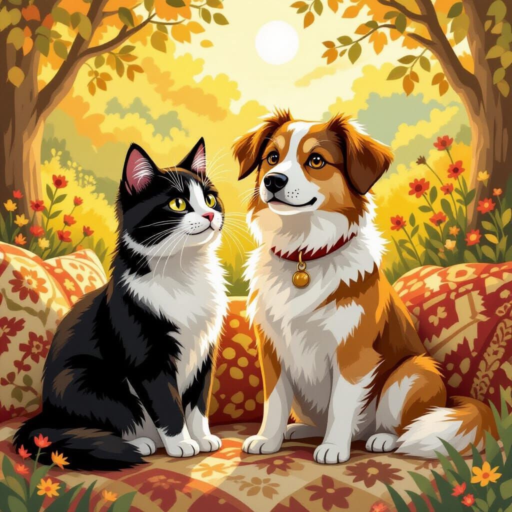 Cat and Dog in Cozy Sunlight, Beatrix Potter Style