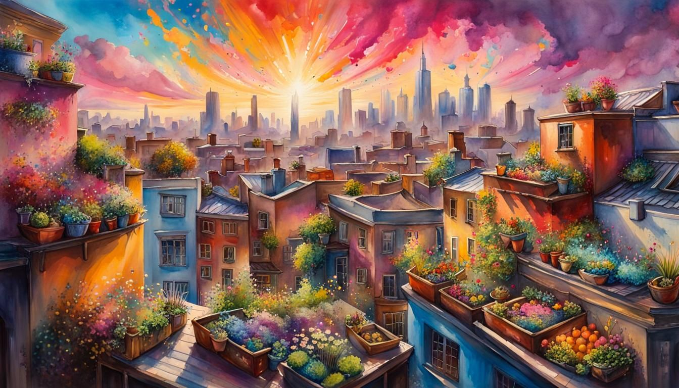 Rooftop Garden in Splashy Watercolor Style