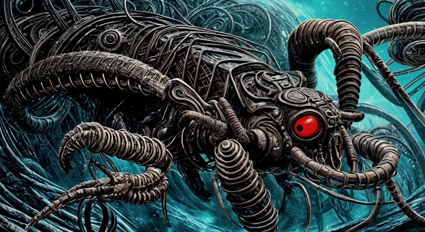 Colossal Biomechanical Beetle in Cosmic Horror Landscape
