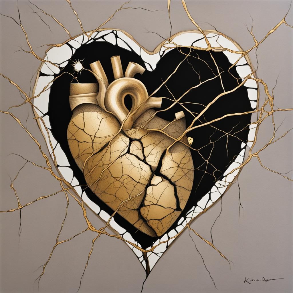 Kintsugi Heart: A Surrealist Gold-Mended Masterpiece