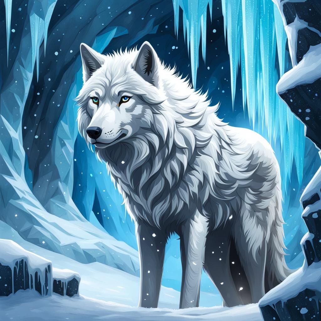 Elegant Ice Wolf in Snowy Cave