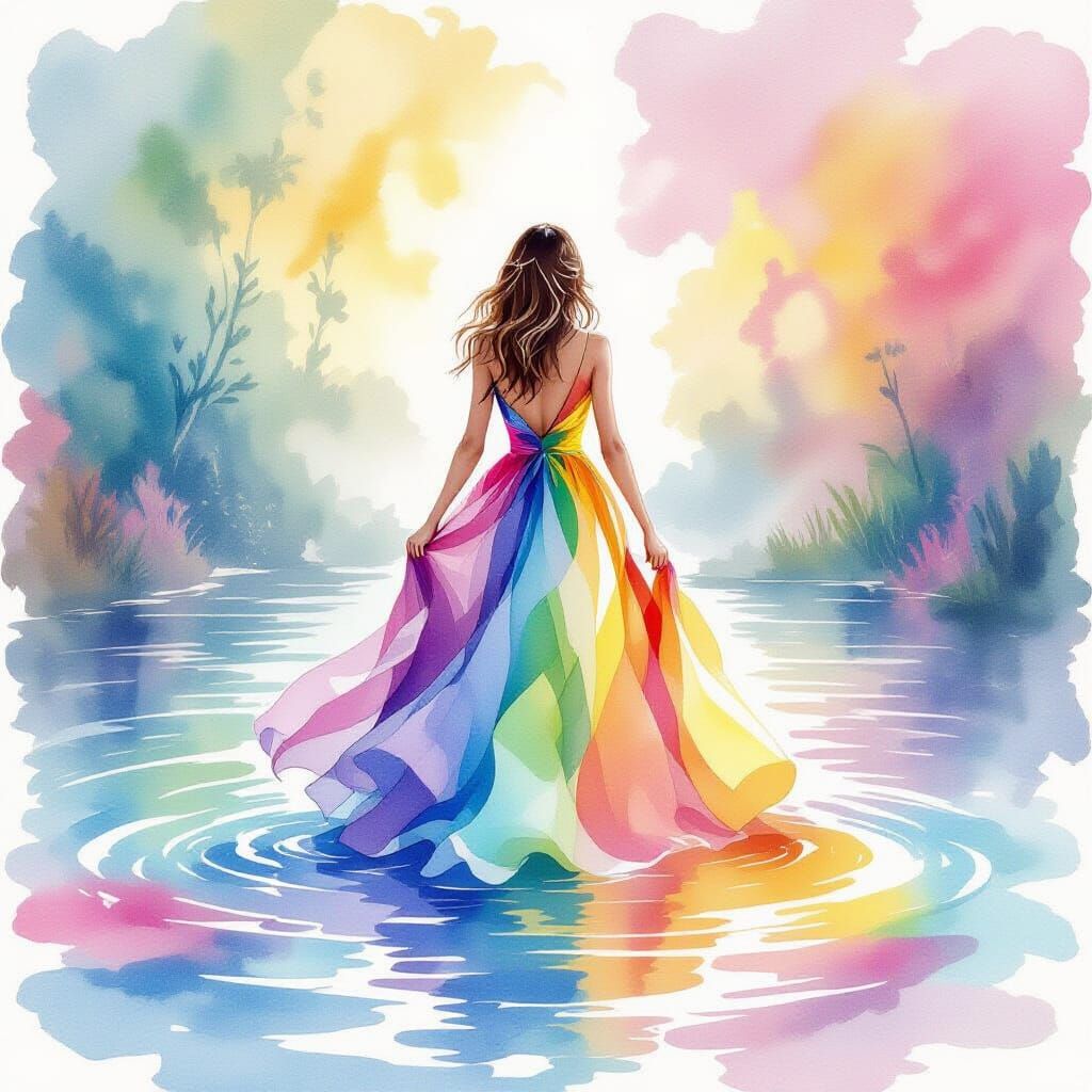 Woman in Rainbow Gown Enters Rainbow Water