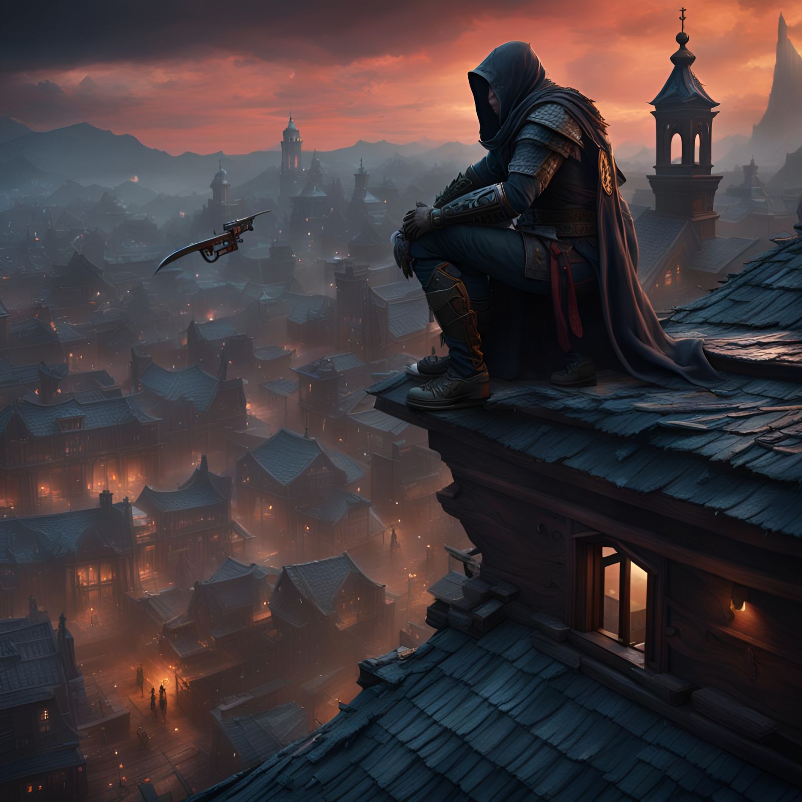 Assassin on Rooftop: Detailed Matte Painting