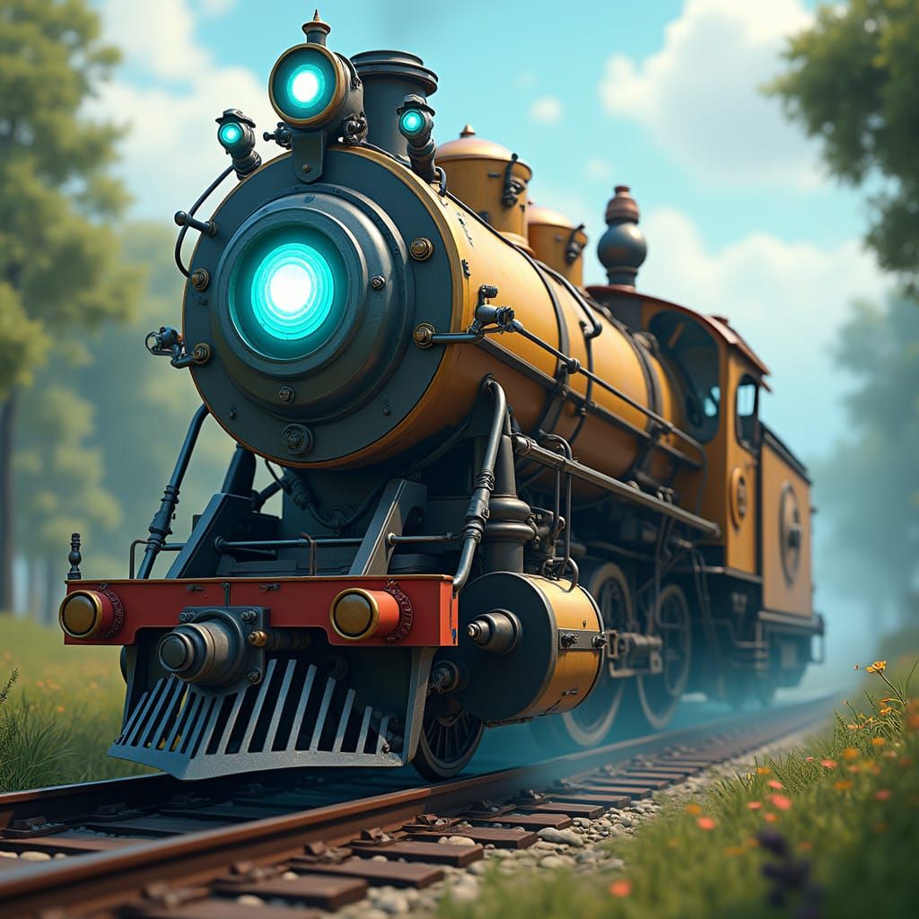 Futuristic Steam Train Conductor in Cyberpunk Style
