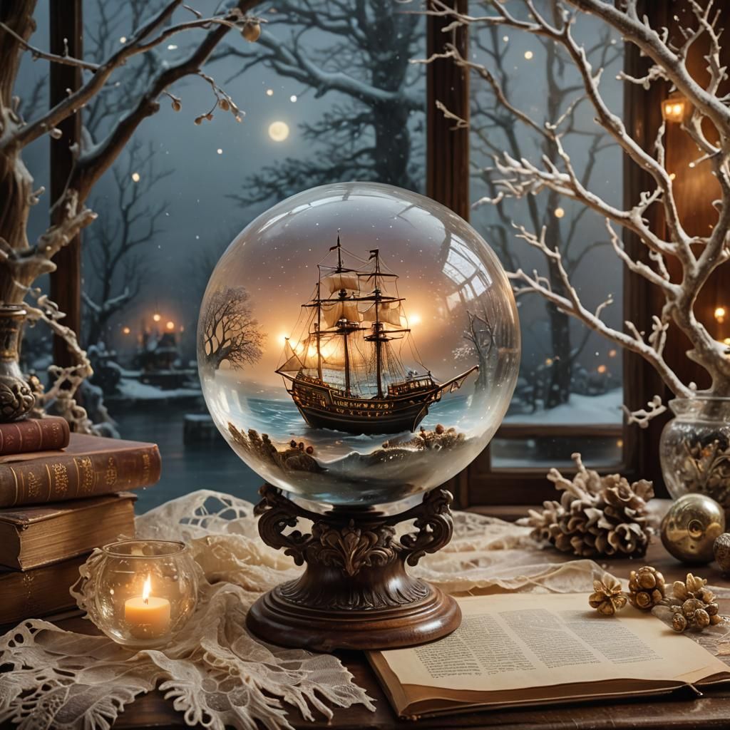 Ghost Ship Sails Misty Ocean in Magical Realism