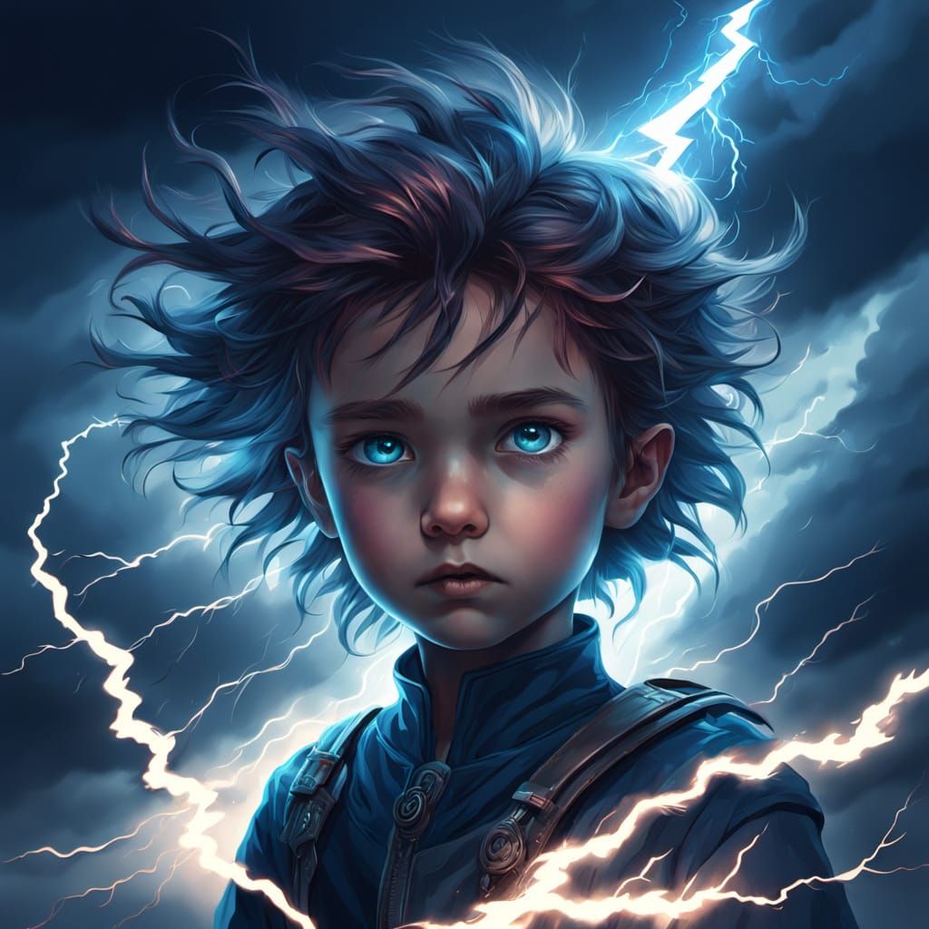 Ethereal Girl with Lightning Hair in Stormy Sky