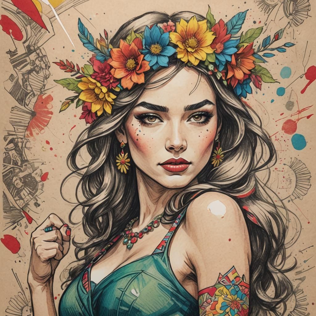 Woman with Flower Crown and Pistol in Comic Book Style