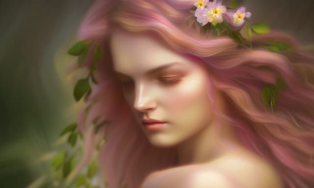 Whimsical Dryad with Apple Blossoms in Spring