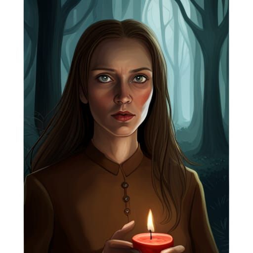 Scared Girl in Dark Forest with Candle