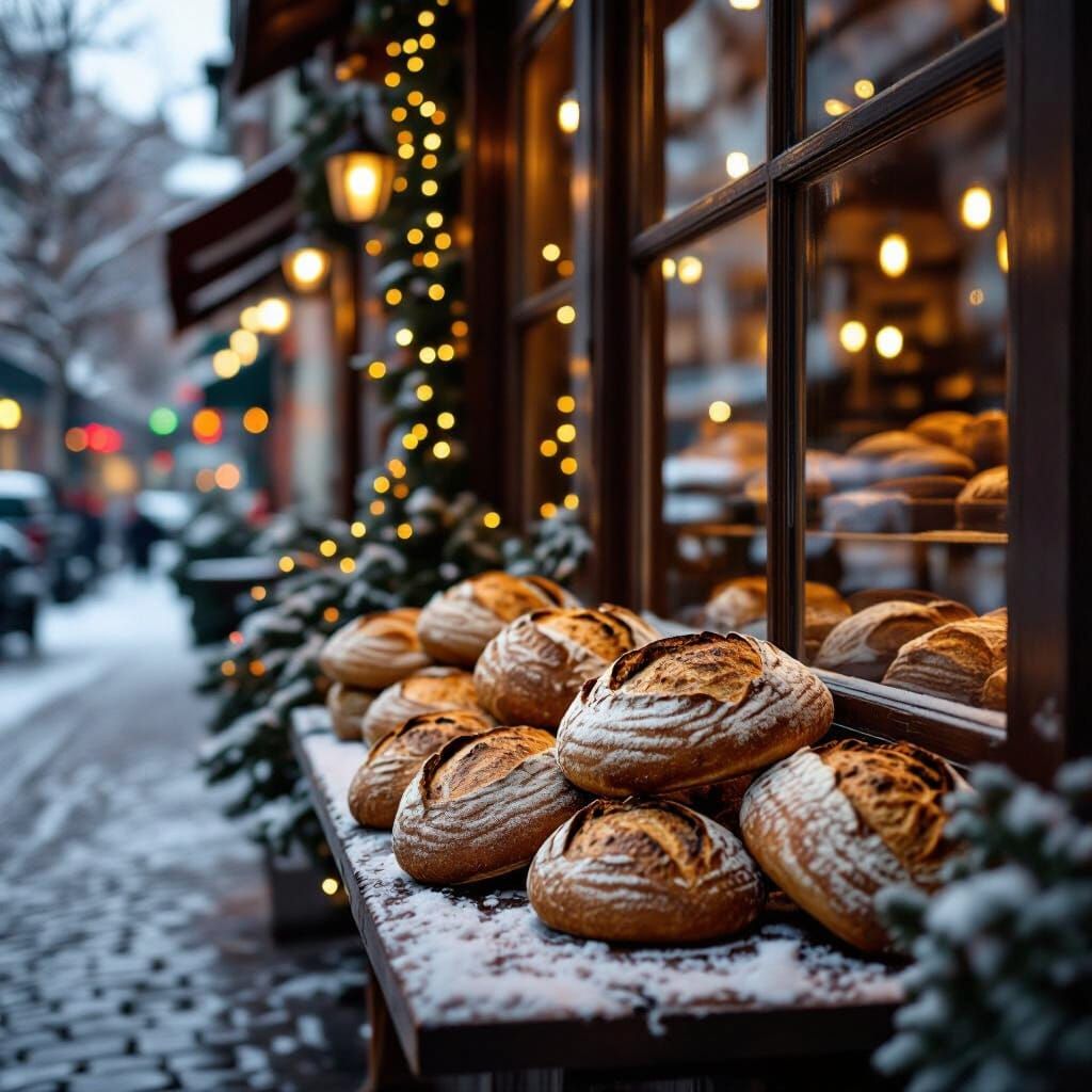 Rustic Sourdough Bread at Cozy Coffee Shop in Snowy Christma...